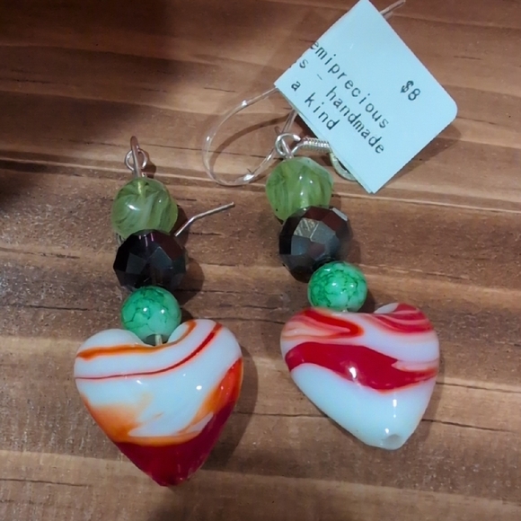 Handmade Jewelry - Handmade Heart Earrings with Green and Red Accents
